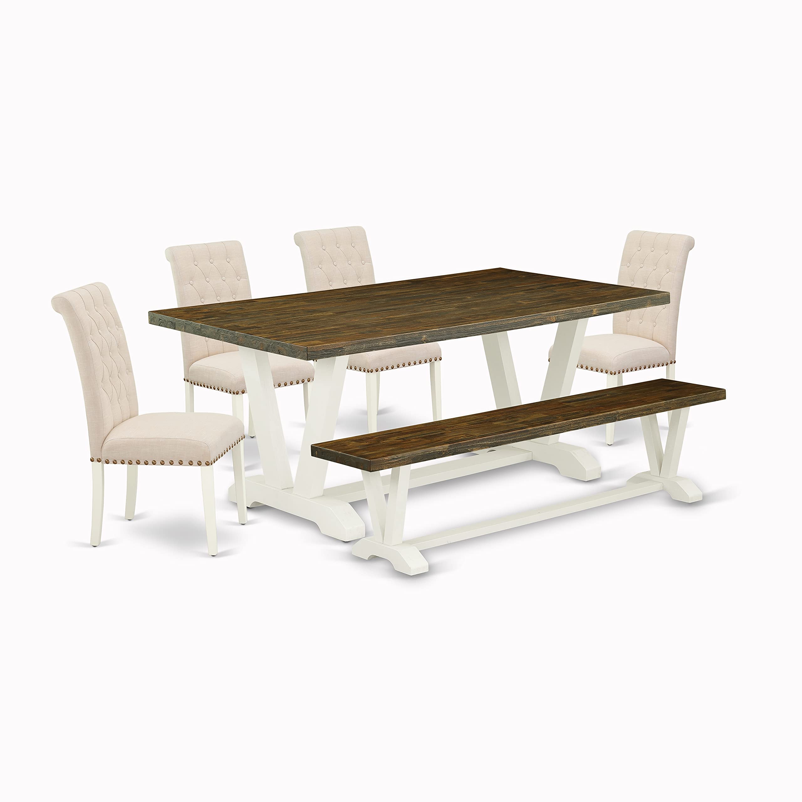 East West Furniture V-Style 6 Piece Set Contains A Rectangle Dining Room Table With V-Legs And 4 Light Beige Linen Fabric Parson Chairs With A Bench, 40X72 Inch, V077Br202-6